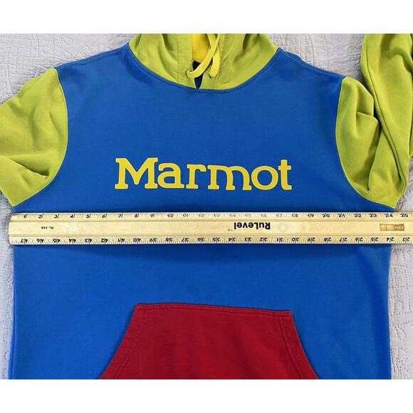 Vtg 90’s Marmot Colorblock Sz L LS Kangaroo Pocket Hoodie Back Graphic - Picture 5 of 7